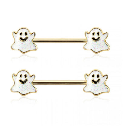 Happy Little Ghost Ends Barbell Nipple Rings - 316L Stainless Steel - Pair