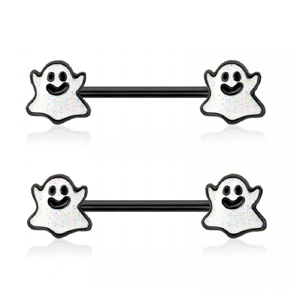 Happy Little Ghost Ends Barbell Nipple Rings - 316L Stainless Steel - Pair