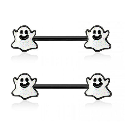 Happy Little Ghost Ends Barbell Nipple Rings - 316L Stainless Steel - Pair