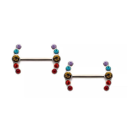 Rainbow Gem Ends Nipple Barbells - Stainless Steel - Pair