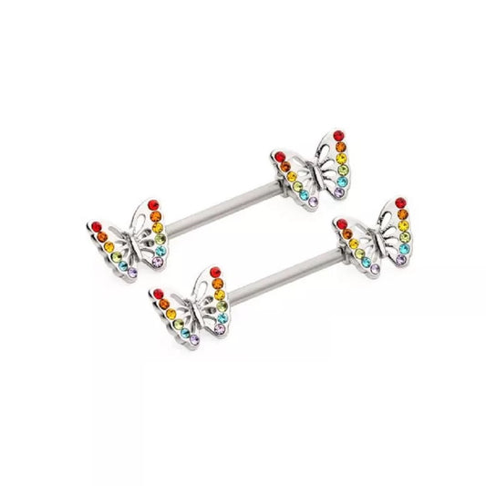 Butterflies with Rainbow Gems Nipple Barbells - Stainless Steel - Pair