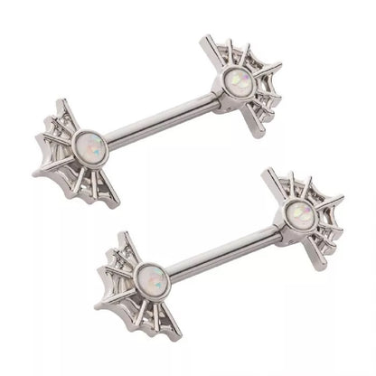 Spider Web with White Glitter Opal Nipple Barbells - 316L Stainless Steel - Pair