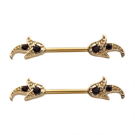 Golden Ornate Design with Purple CZs Nipple Barbells - 316L Stainless Steel - Pair