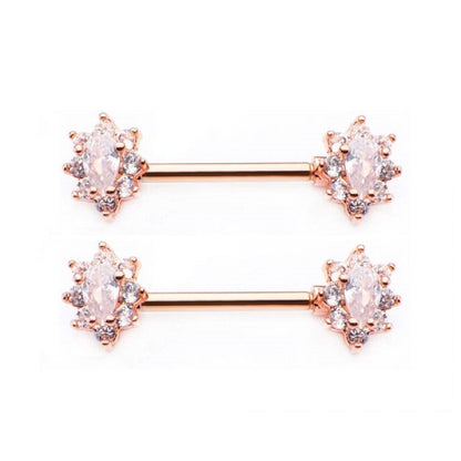 CZ Crystal Oval Flower Cluster Nipple Barbells - Stainless Steel - Pair