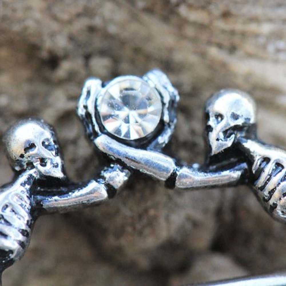 Double Skeletons Holding Up CZ Barbell Nipple Ring Shields - 316L Stainless Steel - Pair