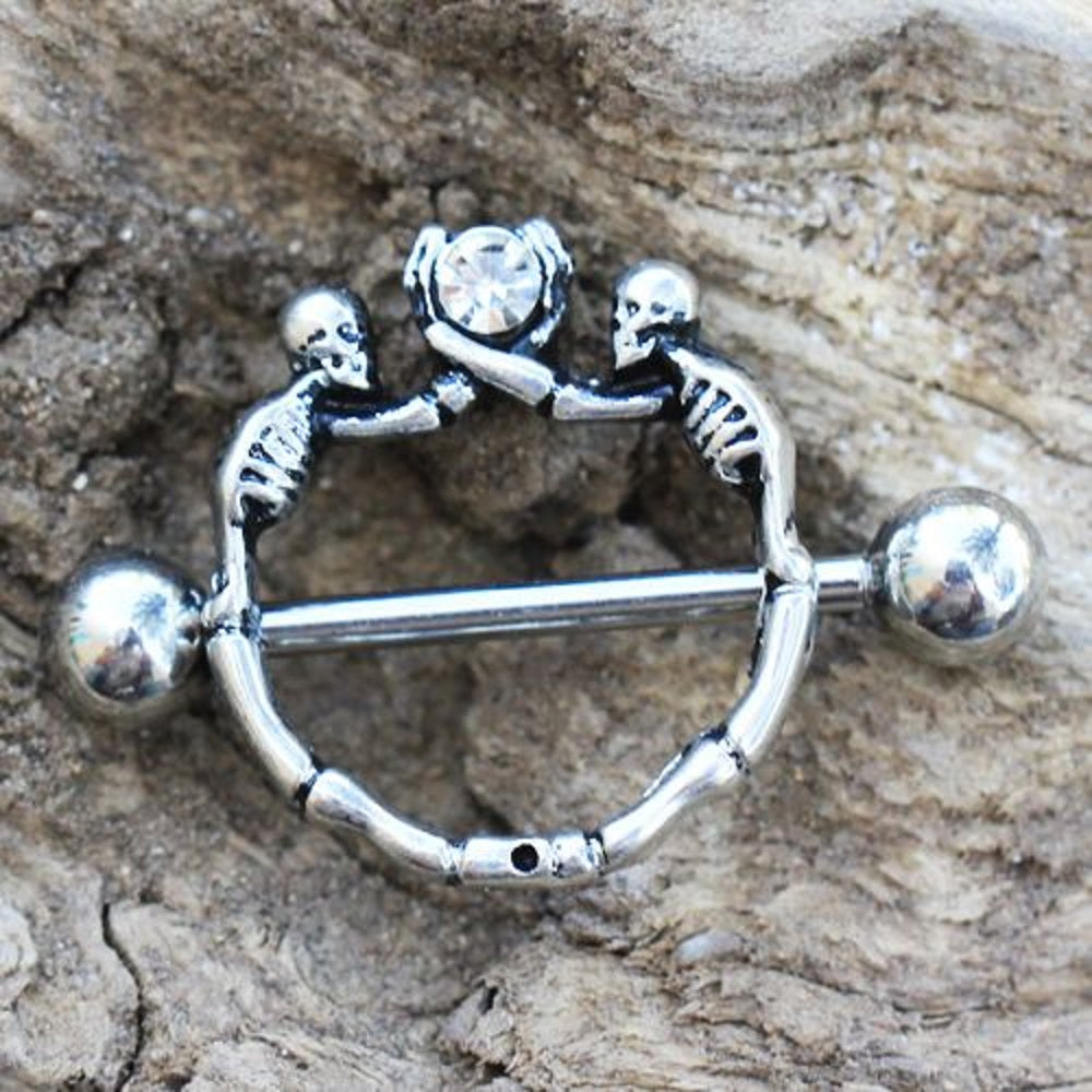 Double Skeletons Holding Up CZ Barbell Nipple Ring Shields - 316L Stainless Steel - Pair