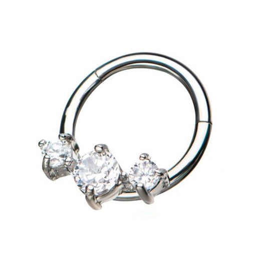 Prong Set Round Three CZ Clear Gems Hinged Segment Clicker Ring - 316L Stainless Steel