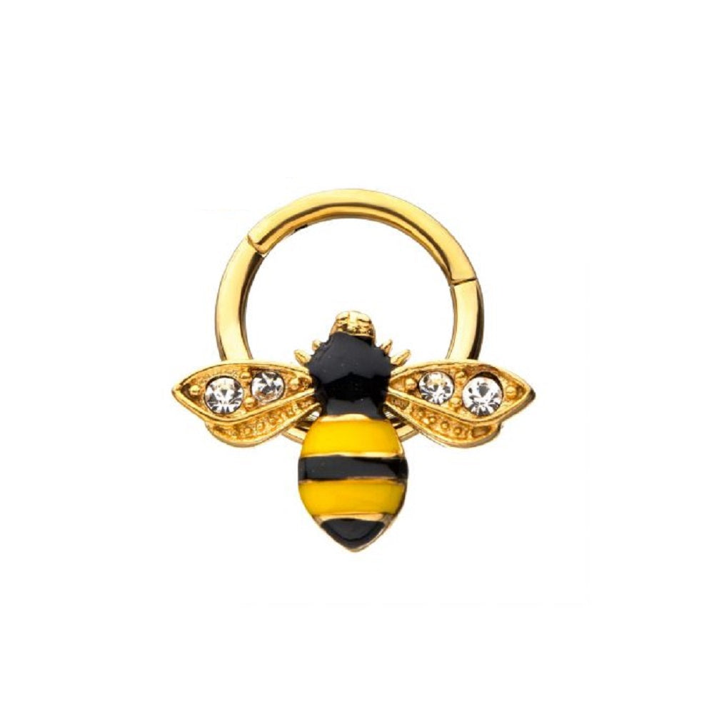 CZ Crystal Honey Bee Helix Cartilage Daith Septum Hinged Segment Clicker Ring - Stainless Steel