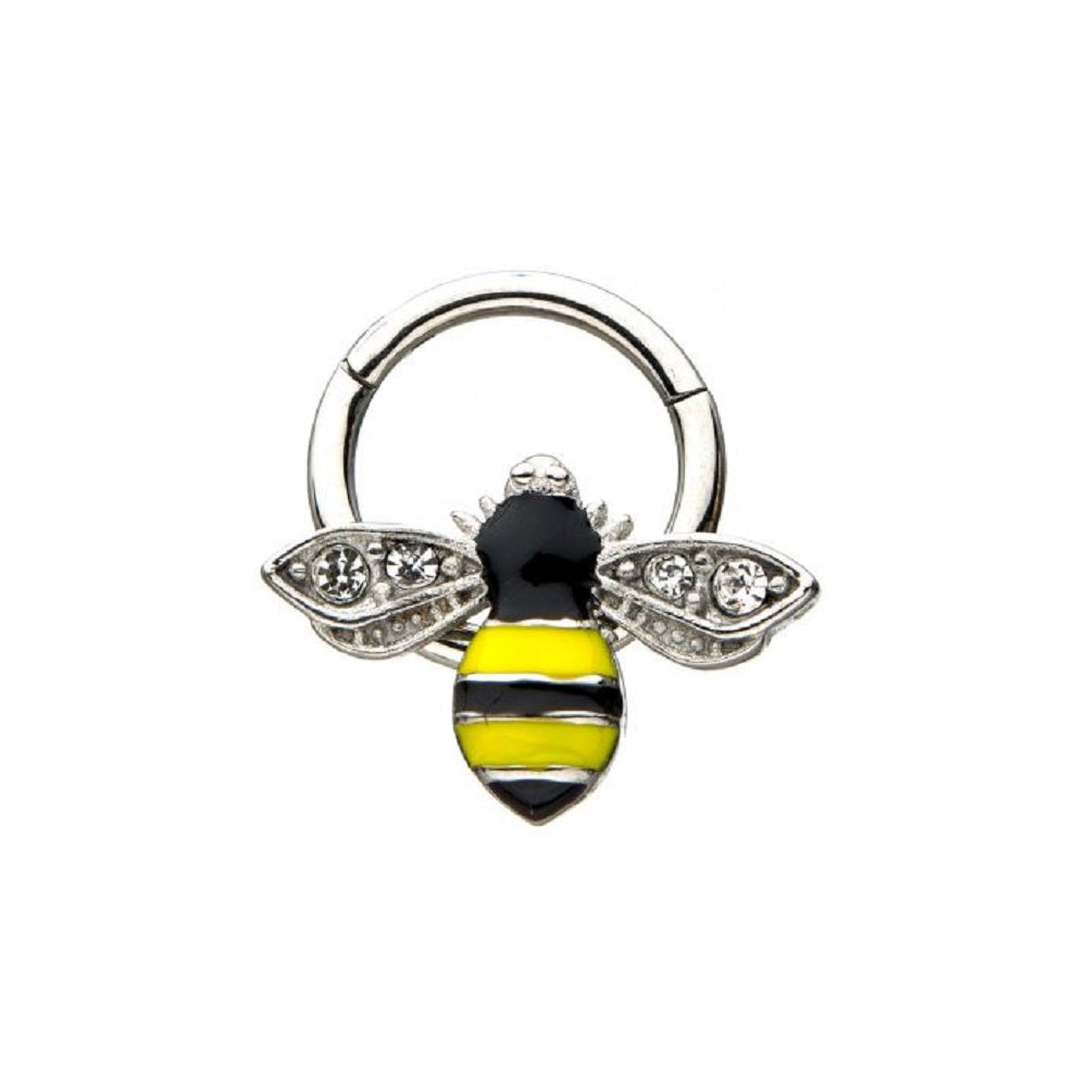 CZ Crystal Honey Bee Helix Cartilage Daith Septum Hinged Segment Clicker Ring - Stainless Steel