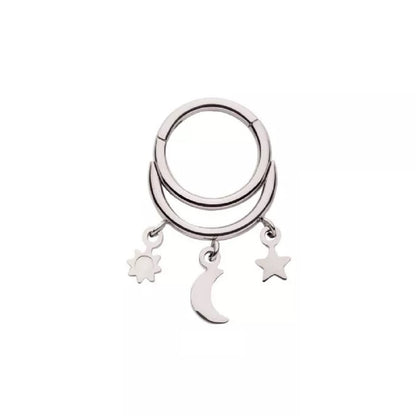 Double Hoop with Sun, Star and Crescent Moon Dangling Charms Hinged Segment Clicker Ring - 316L Stainless Steel