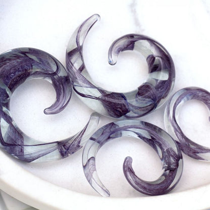 Swirling Purple Ribbon inside Glass Spiral Taper Plugs - Pair