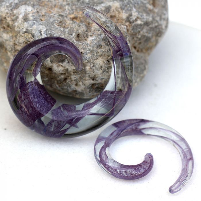 Swirling Purple Ribbon inside Glass Spiral Taper Plugs - Pair